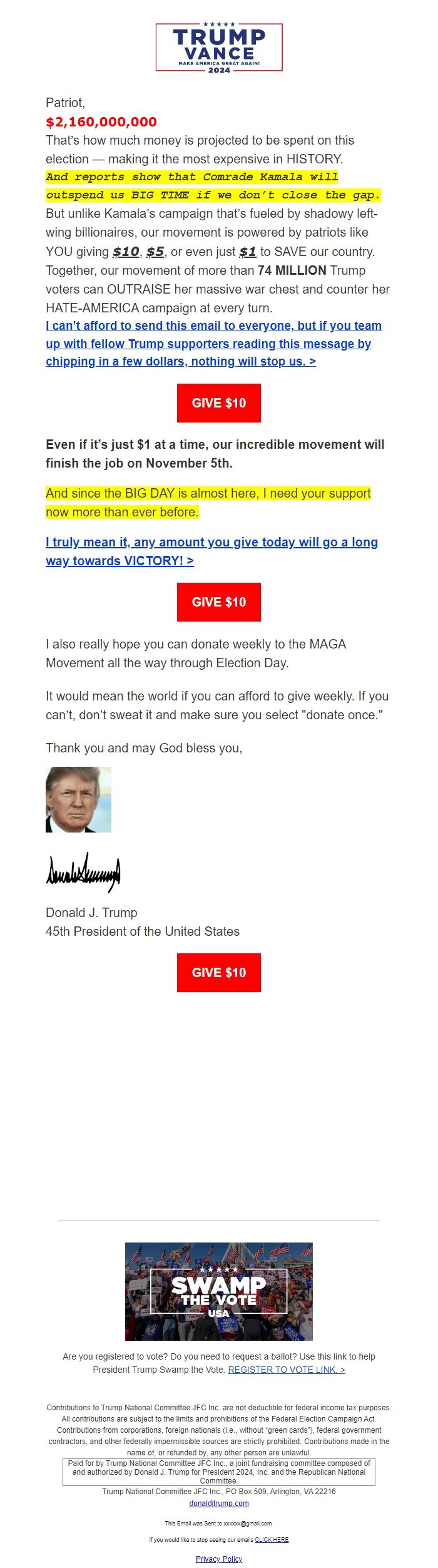 Screenshot of the email generated on import