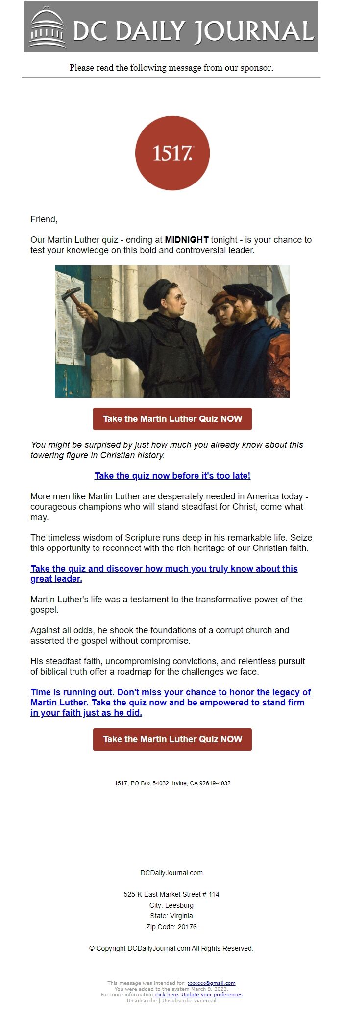 Screenshot of the email generated on import