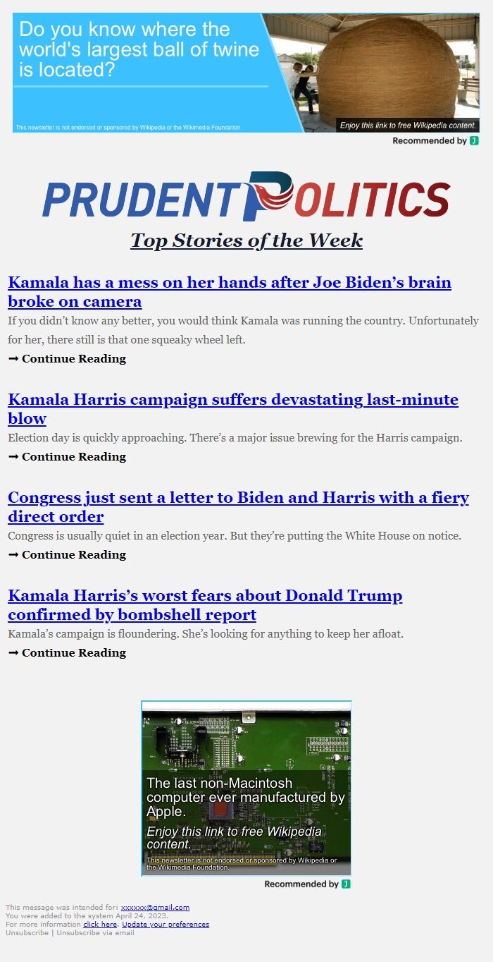 Screenshot of the email generated on import