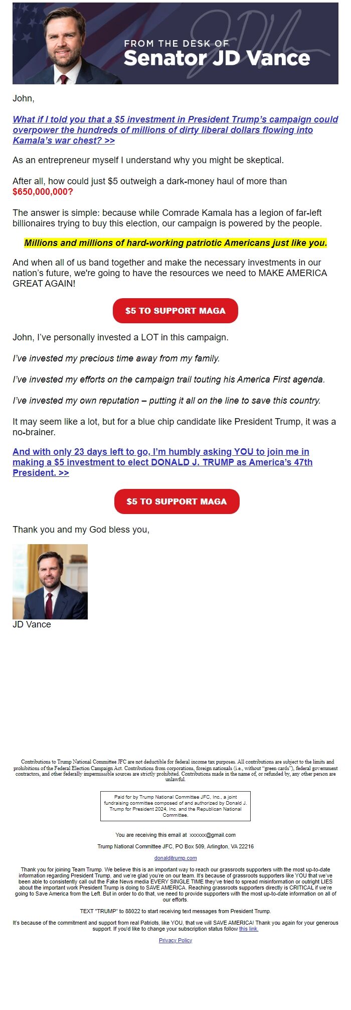 Screenshot of the email generated on import