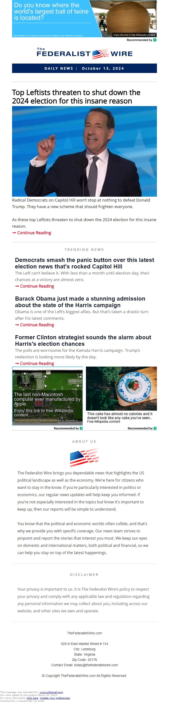 Screenshot of the email generated on import