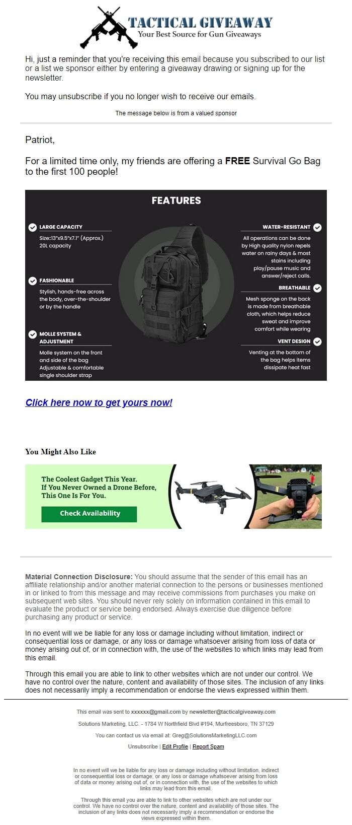 Screenshot of the email generated on import