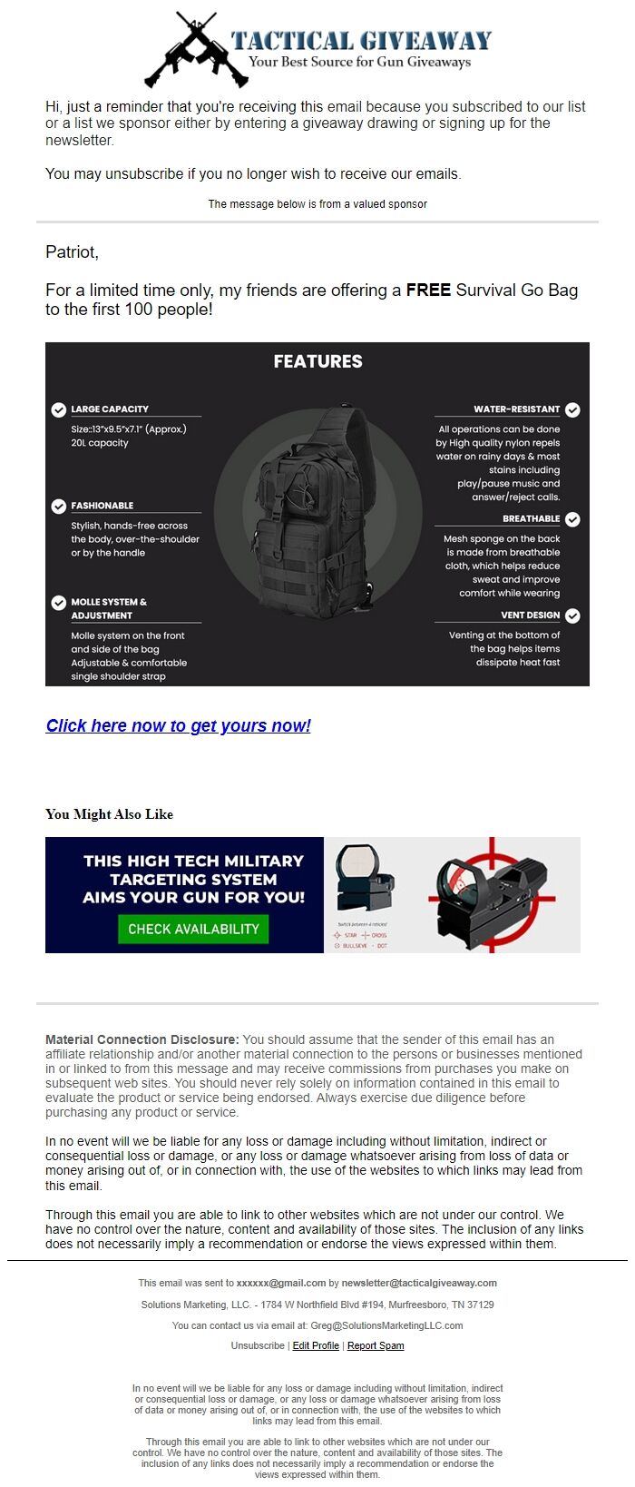 Screenshot of the email generated on import