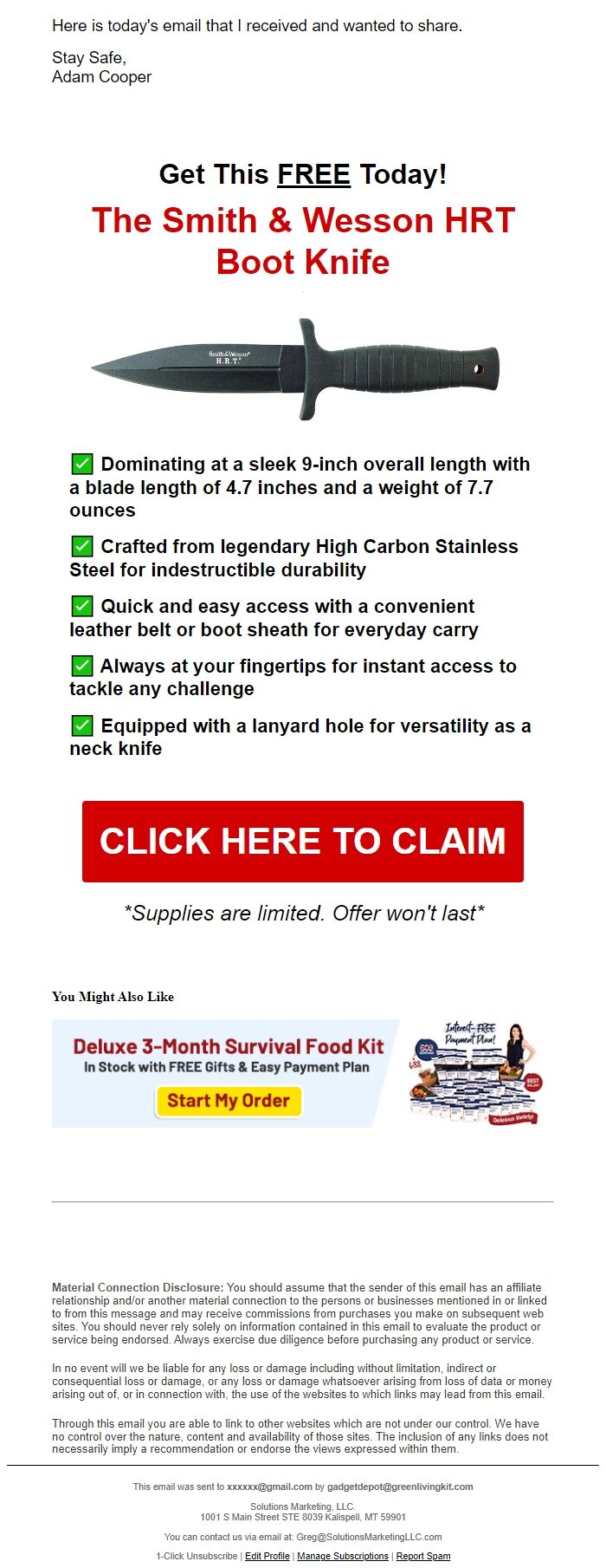 Screenshot of the email generated on import