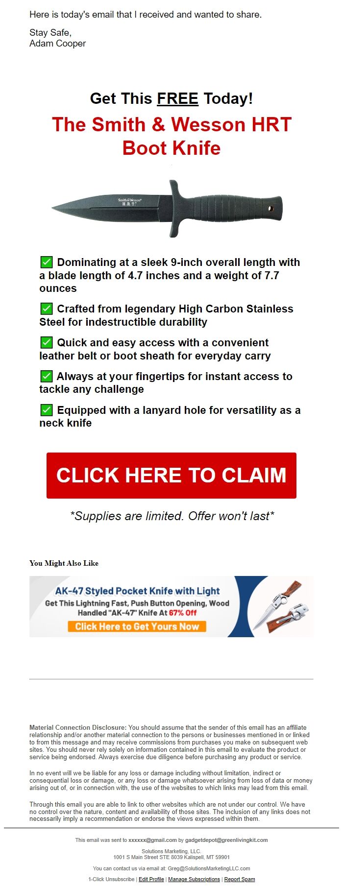 Screenshot of the email generated on import