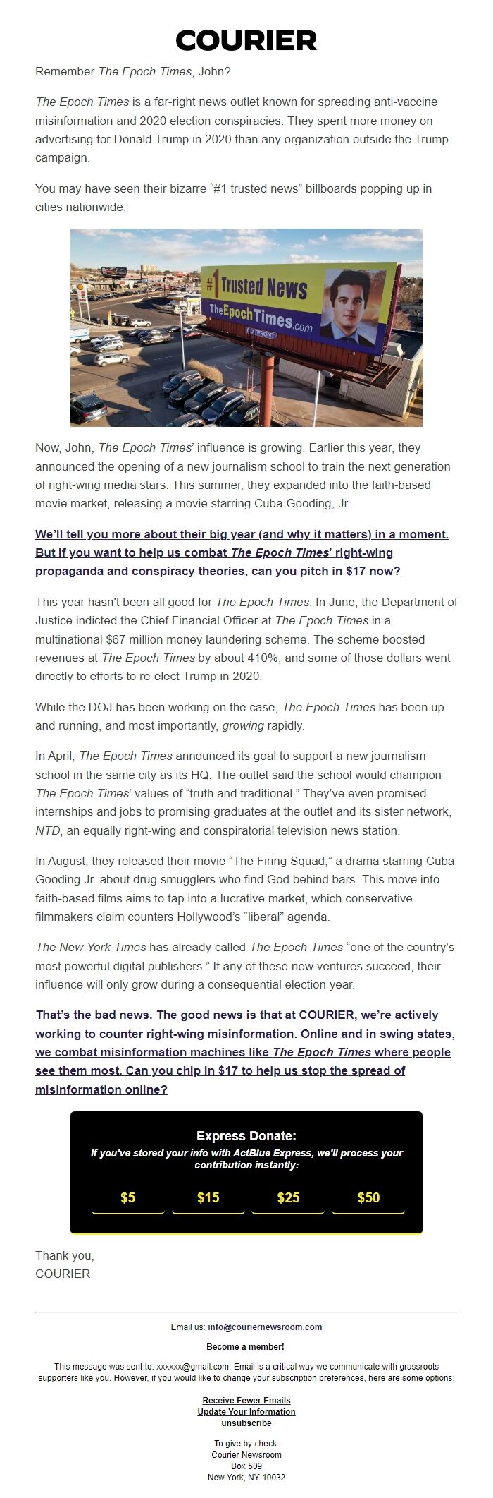 Screenshot of the email generated on import