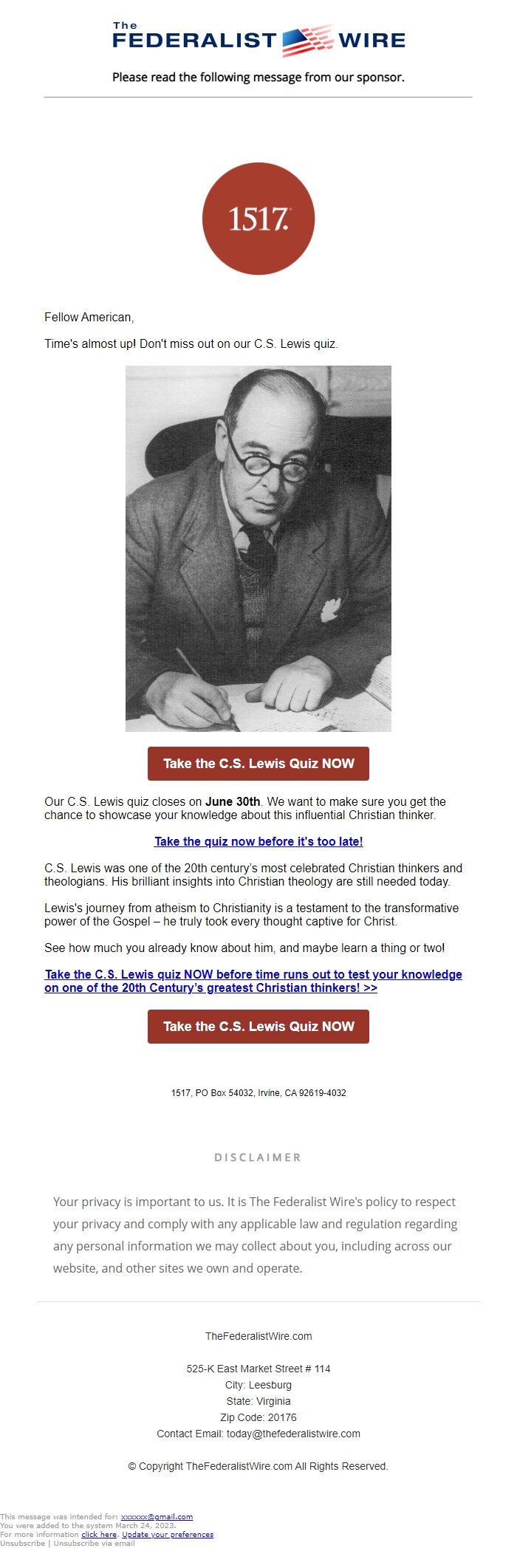 Screenshot of the email generated on import