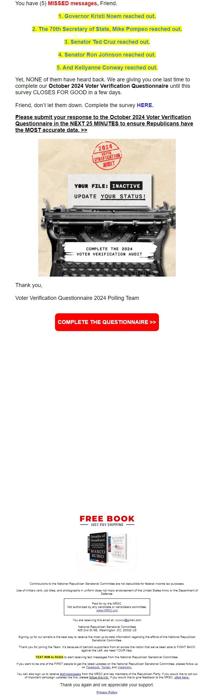 Screenshot of the email generated on import