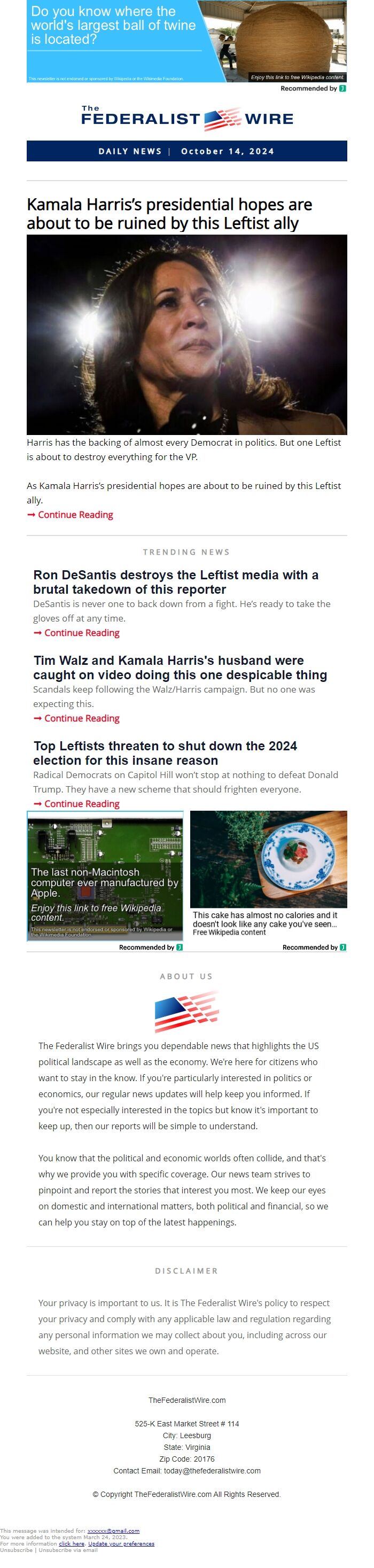 Screenshot of the email generated on import