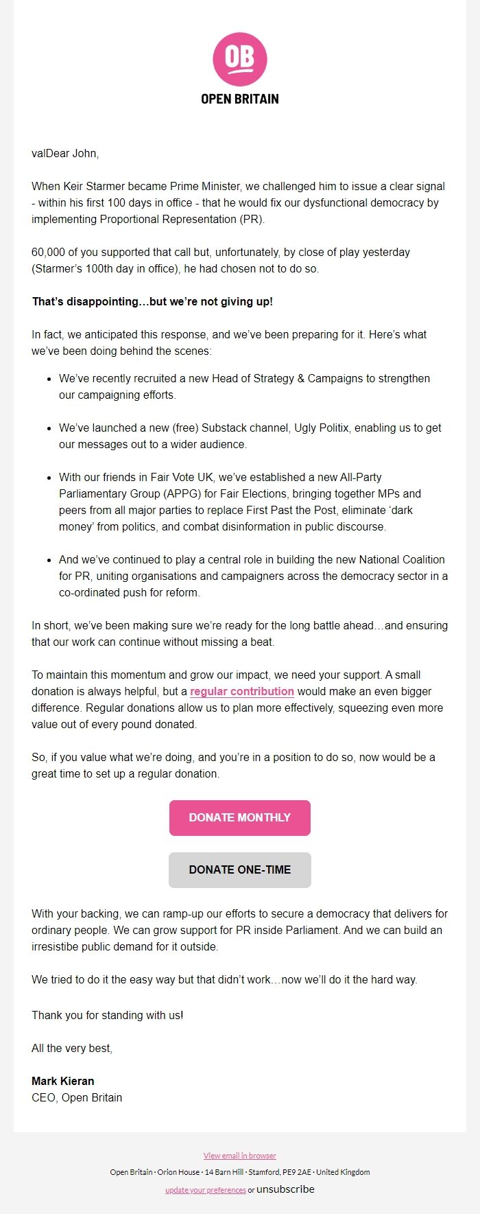 Screenshot of the email generated on import