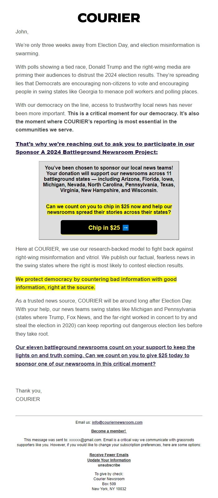 Screenshot of the email generated on import