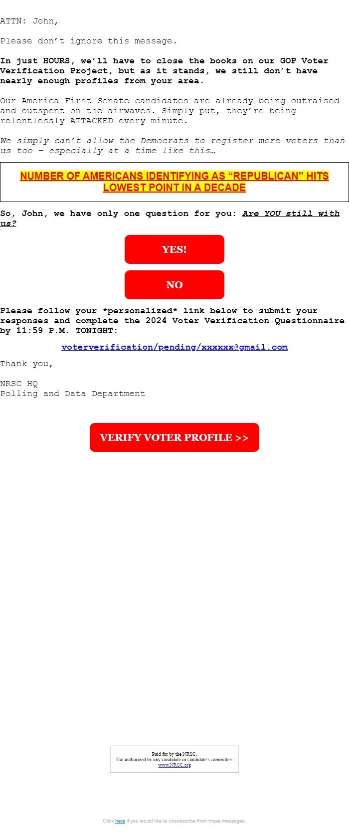 Screenshot of the email generated on import