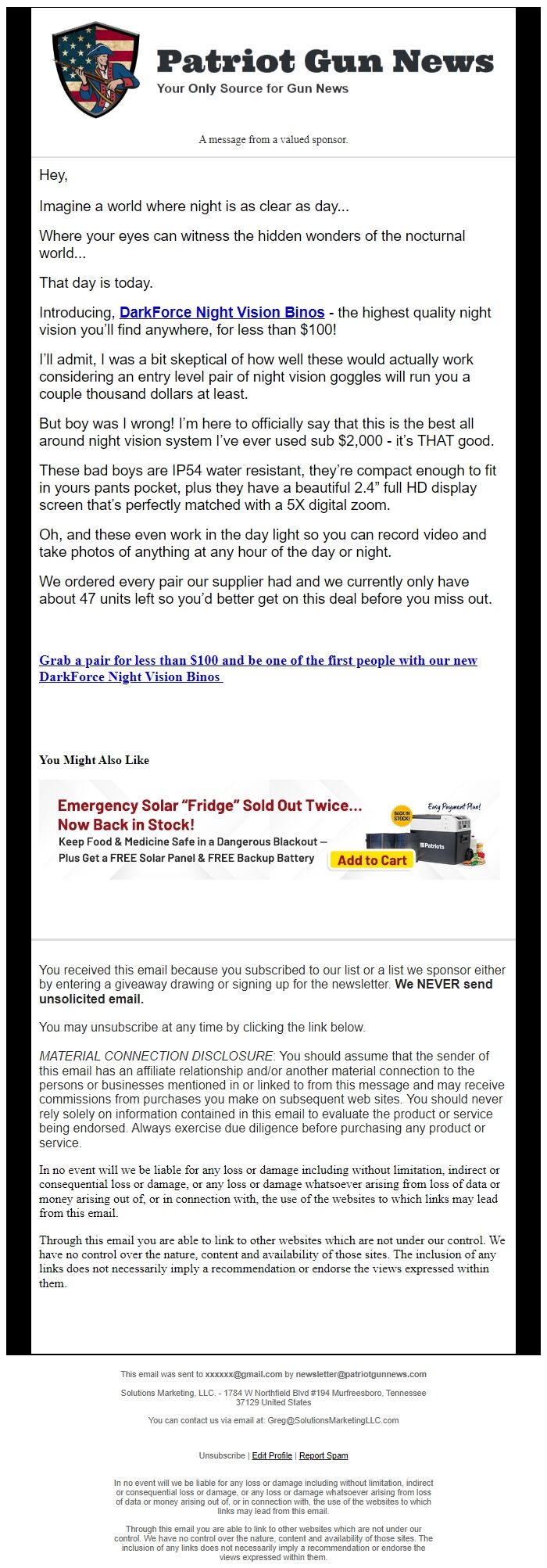 Screenshot of the email generated on import