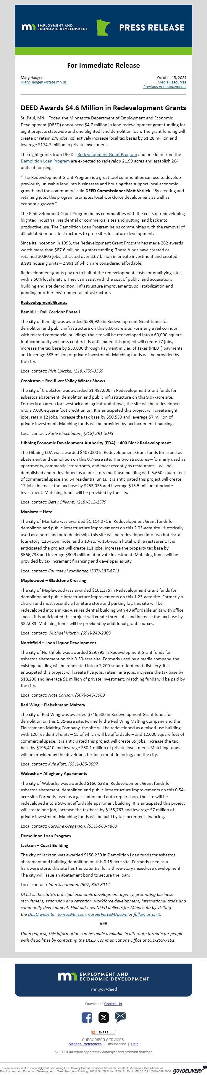 Screenshot of the email generated on import