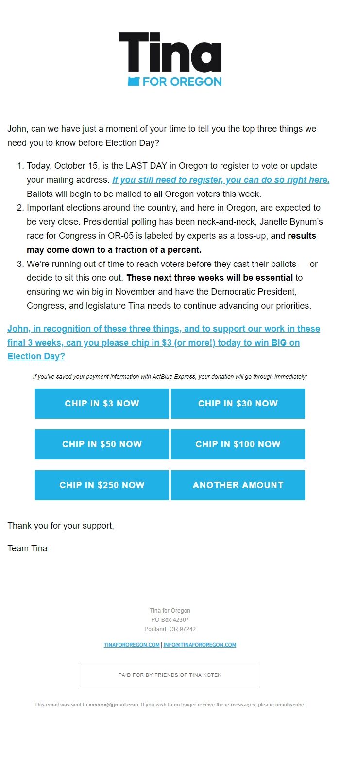 Screenshot of the email generated on import