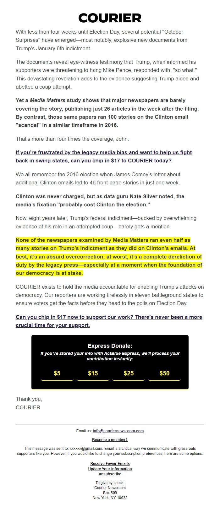 Screenshot of the email generated on import