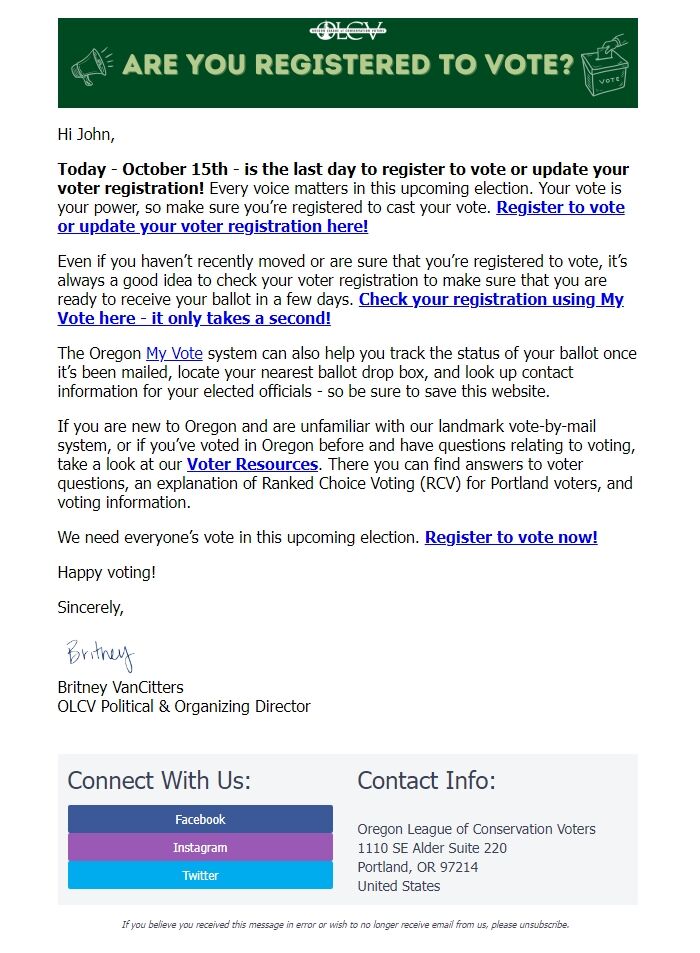 Screenshot of the email generated on import