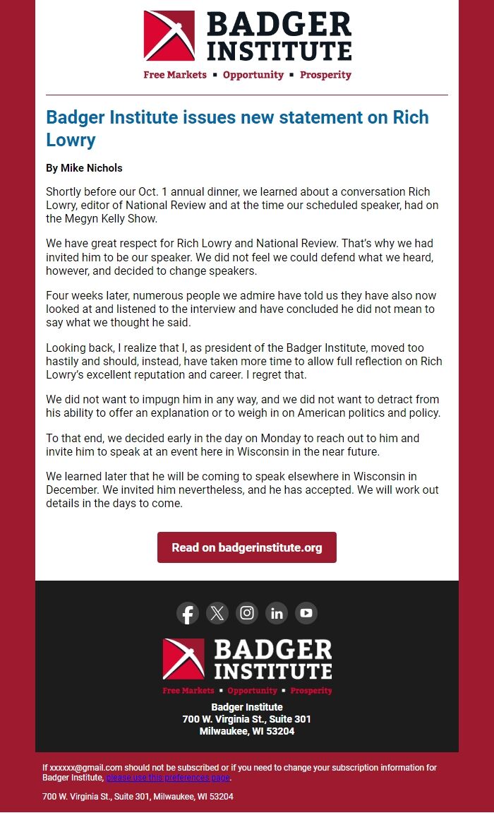 Screenshot of the email generated on import