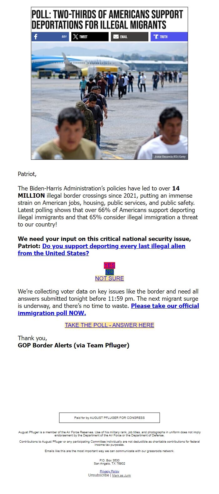 Screenshot of the email generated on import