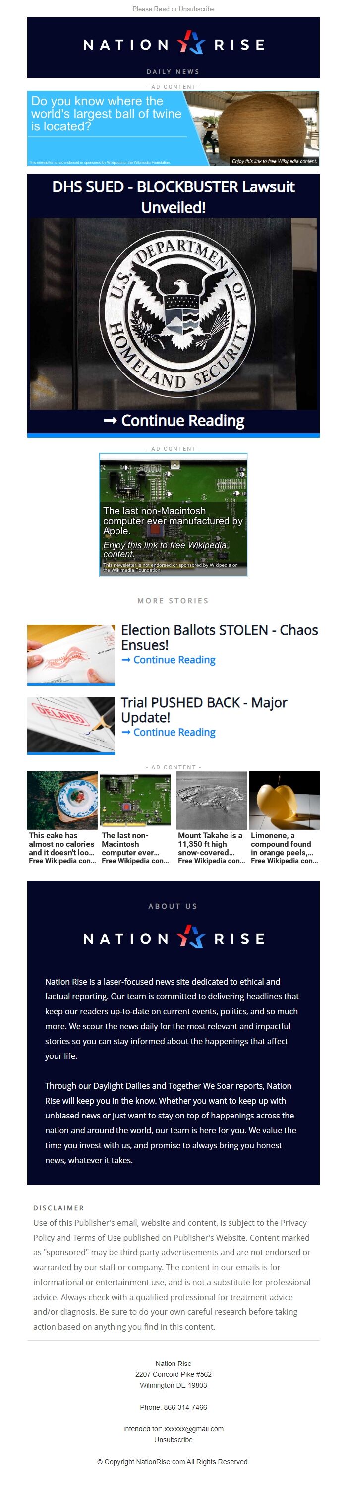 Screenshot of the email generated on import