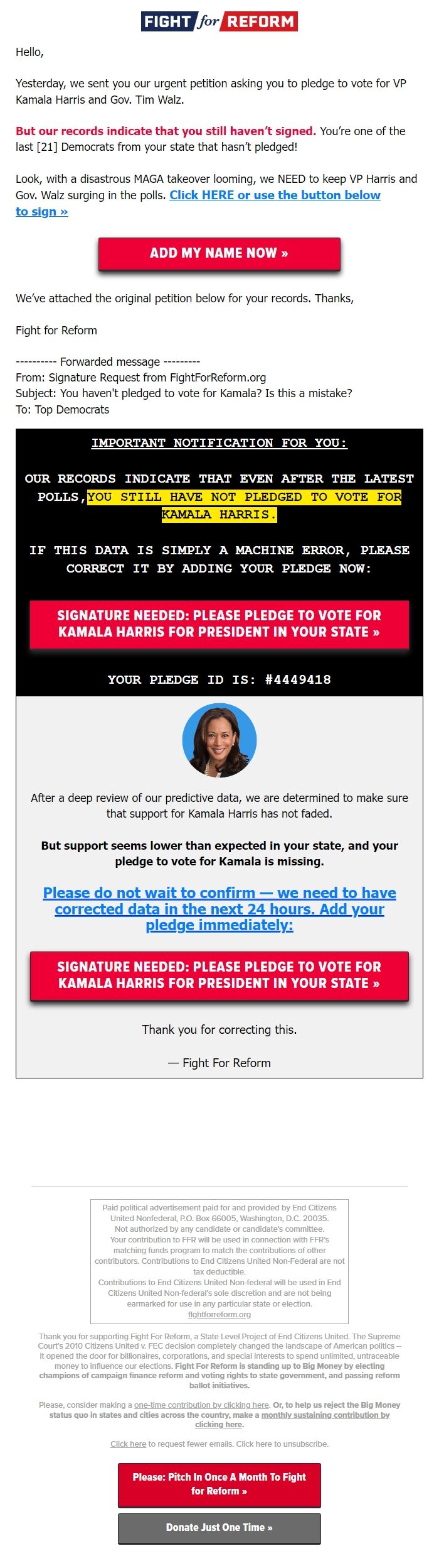 Screenshot of the email generated on import