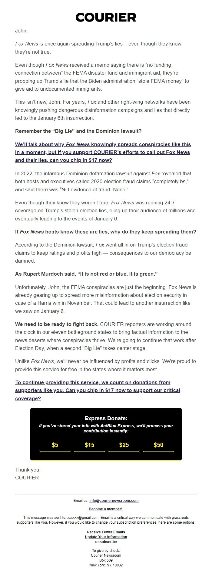 Screenshot of the email generated on import