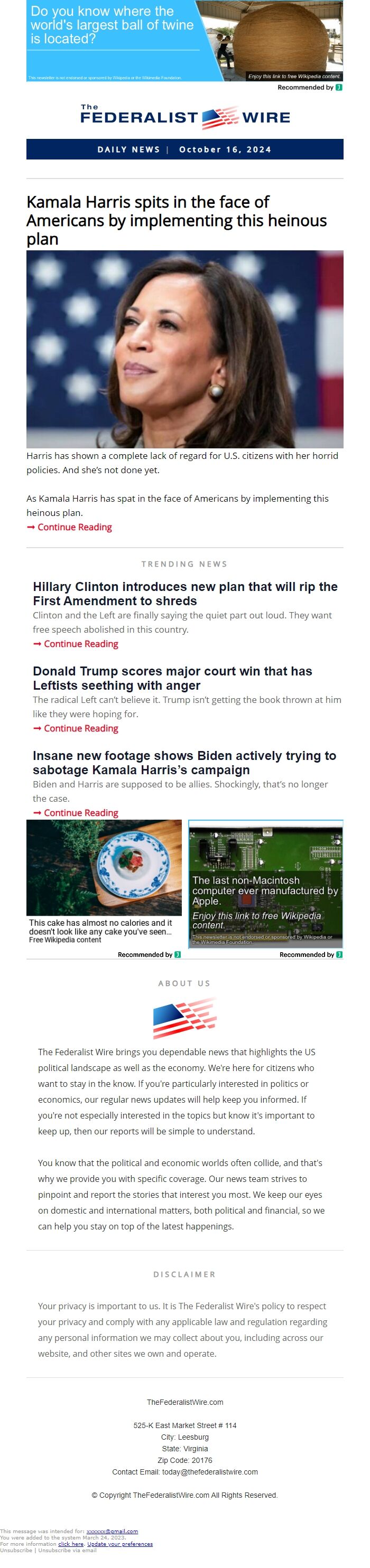 Screenshot of the email generated on import