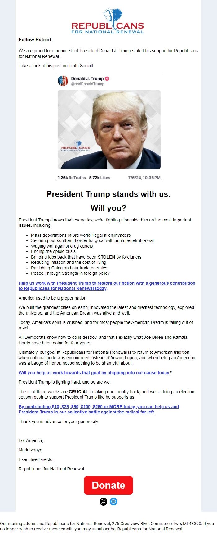 Screenshot of the email generated on import