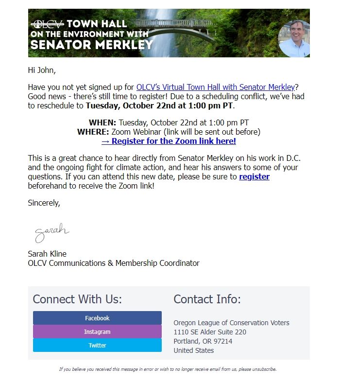 Screenshot of the email generated on import