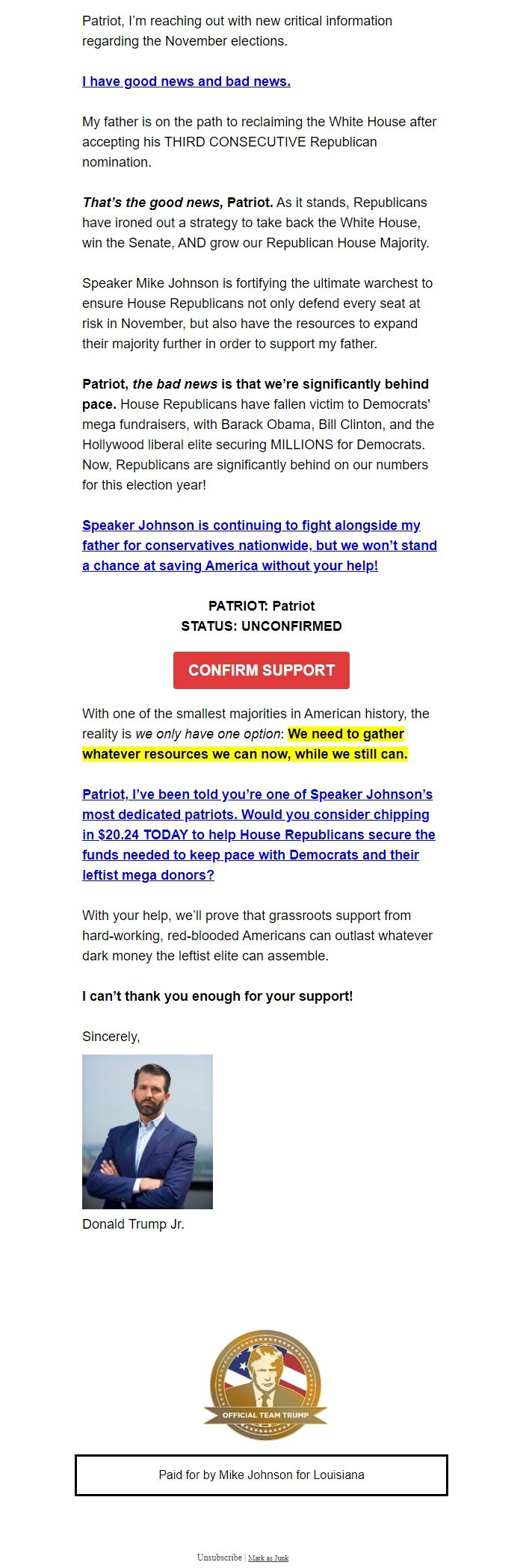 Screenshot of the email generated on import