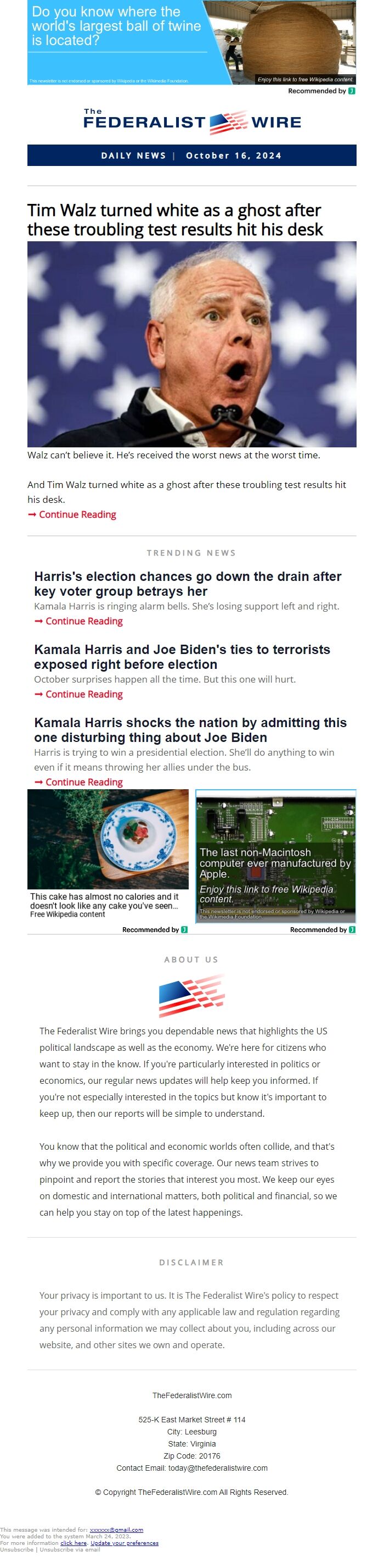 Screenshot of the email generated on import