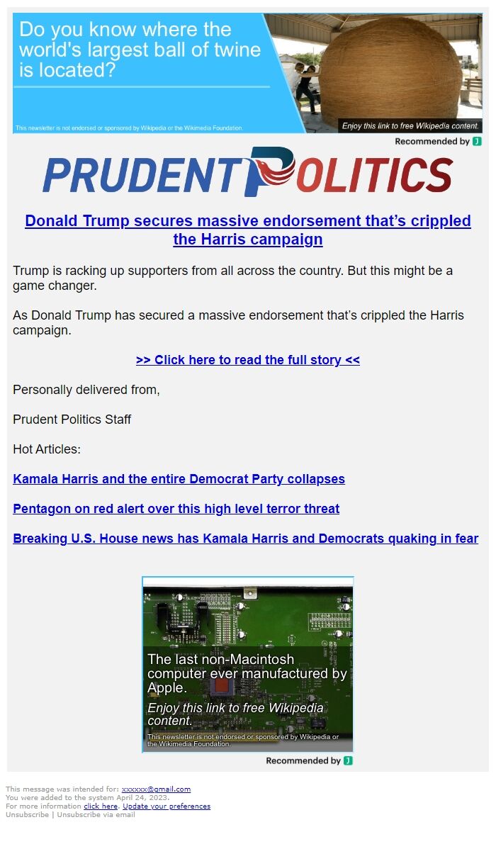 Screenshot of the email generated on import