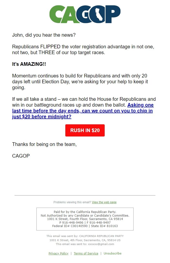 Screenshot of the email generated on import