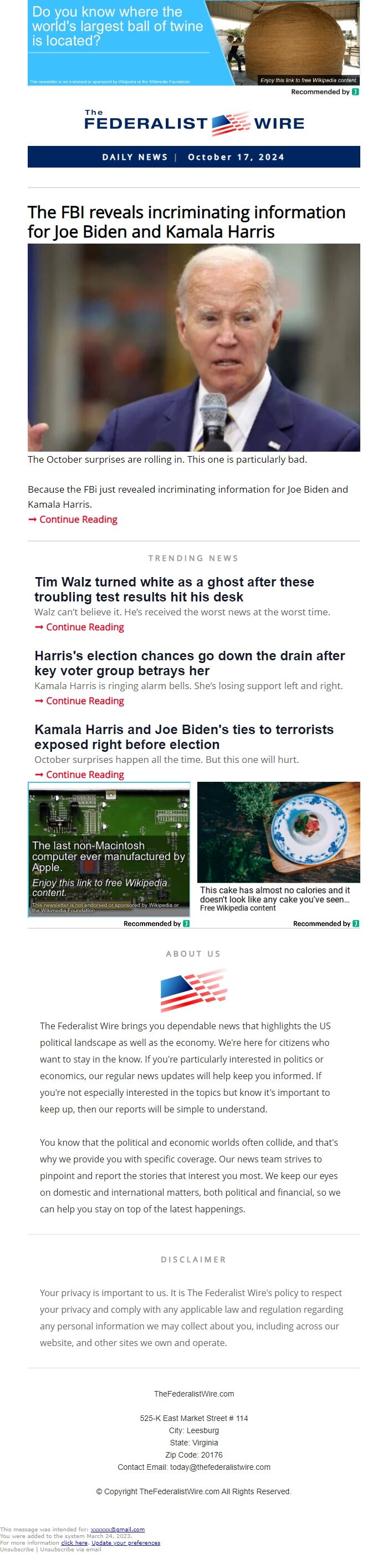 Screenshot of the email generated on import