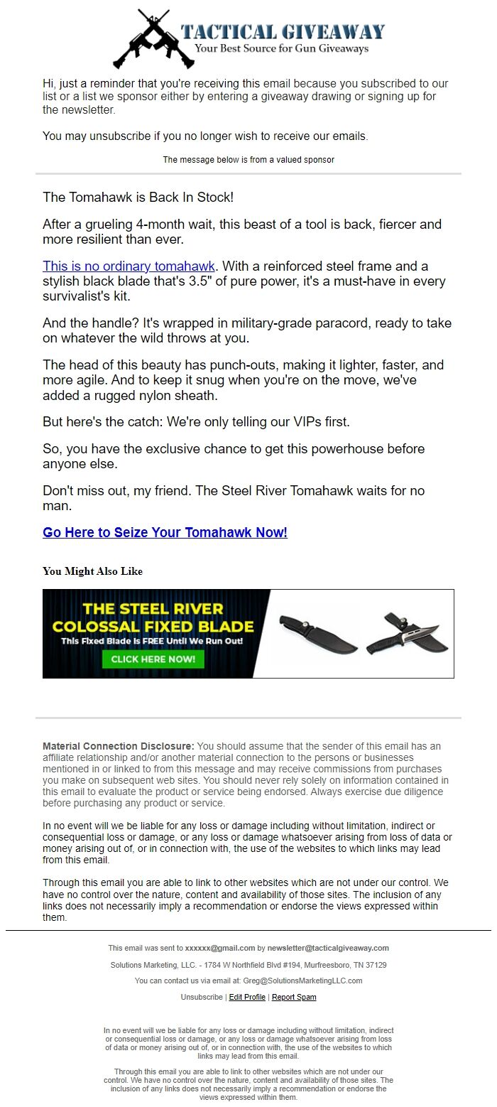 Screenshot of the email generated on import