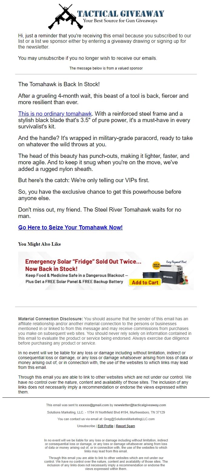 Screenshot of the email generated on import