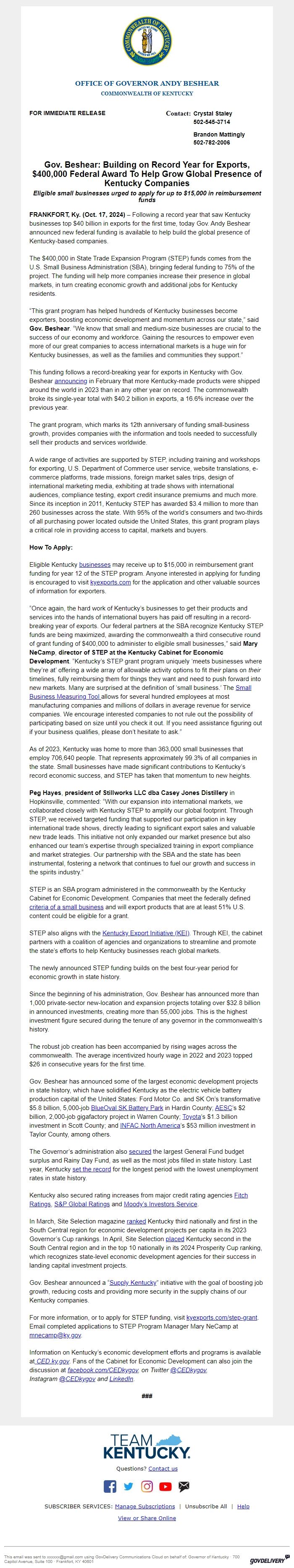 Screenshot of the email generated on import