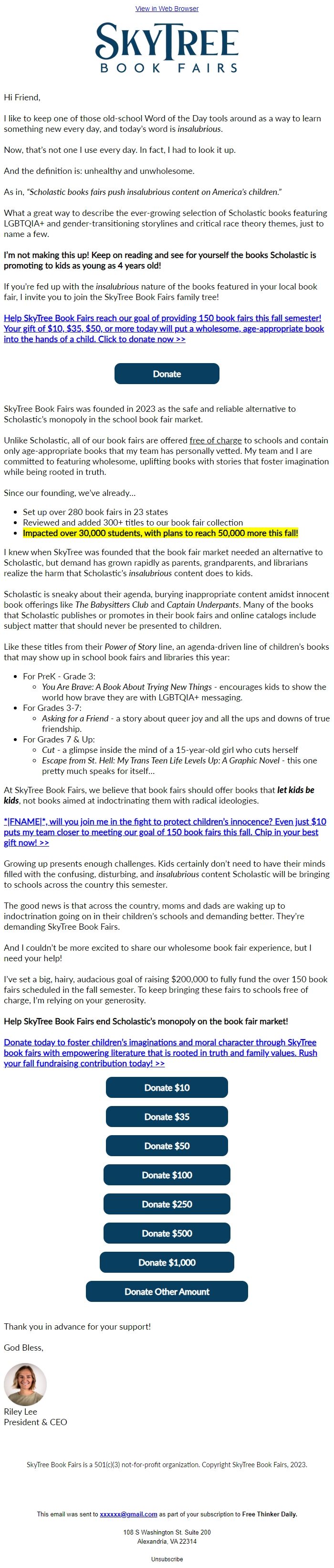 Screenshot of the email generated on import