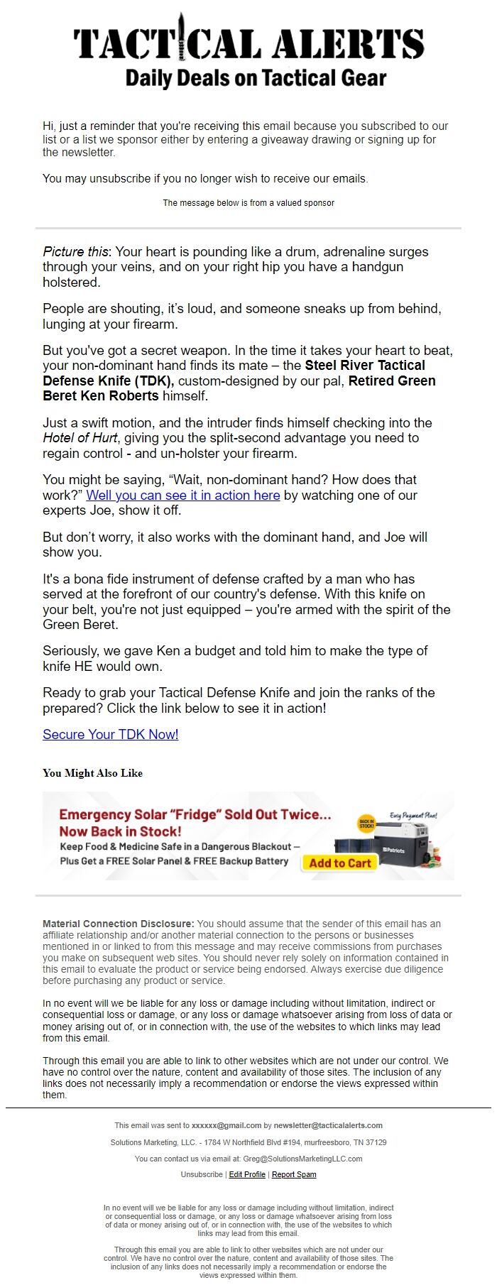 Screenshot of the email generated on import