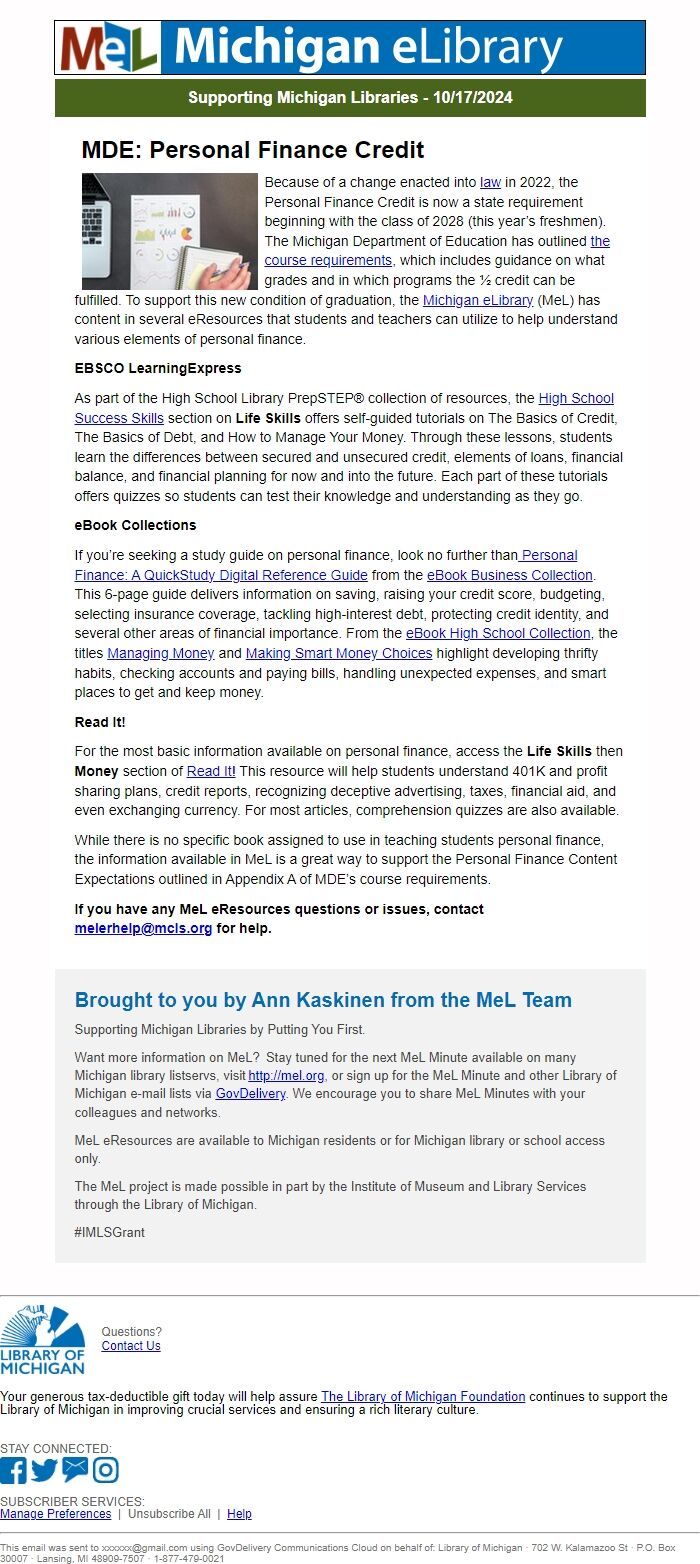 Screenshot of the email generated on import