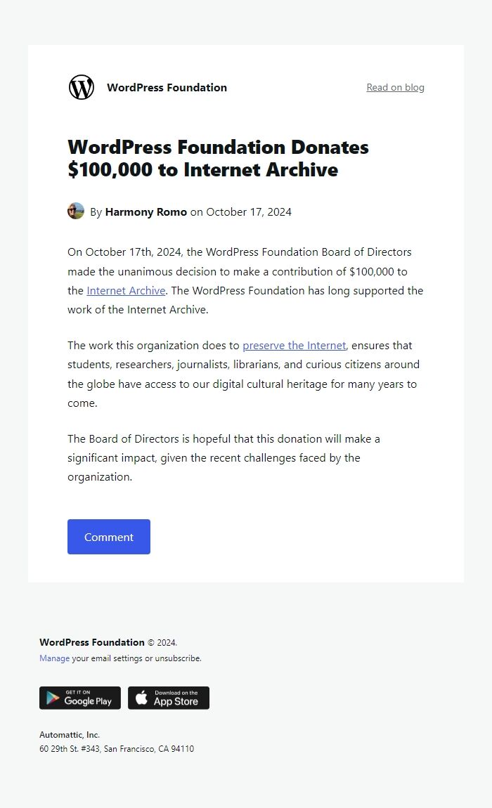 Screenshot of the email generated on import
