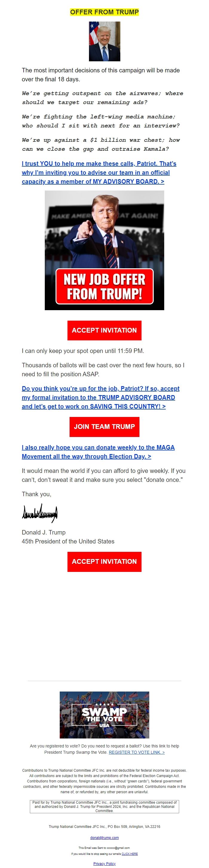 Screenshot of the email generated on import