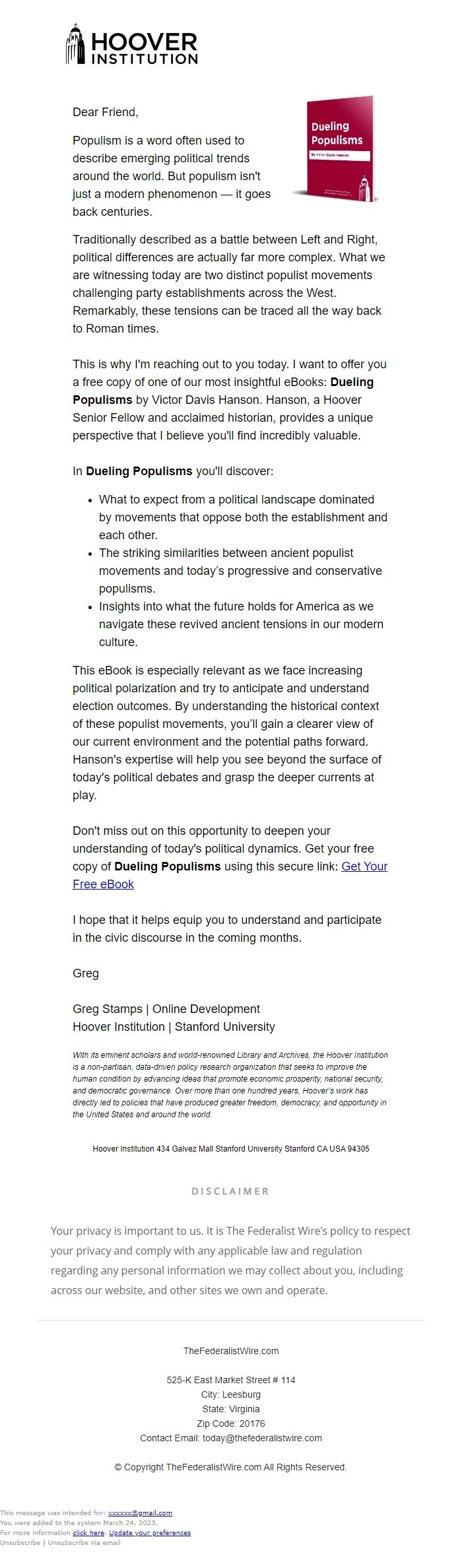 Screenshot of the email generated on import