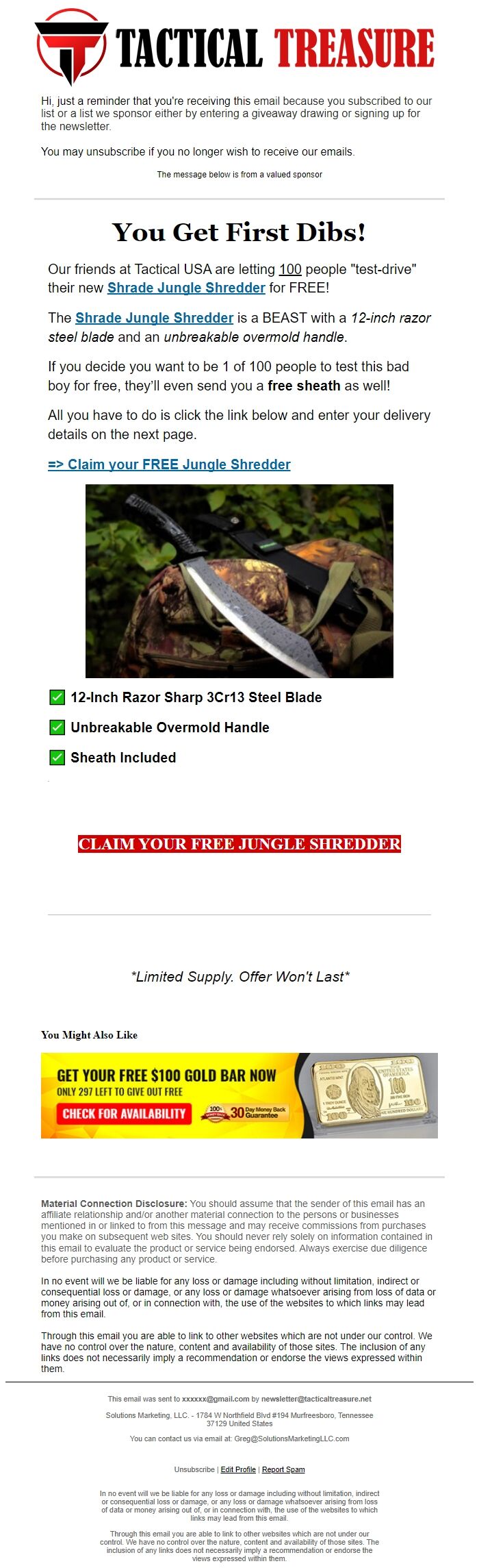 Screenshot of the email generated on import