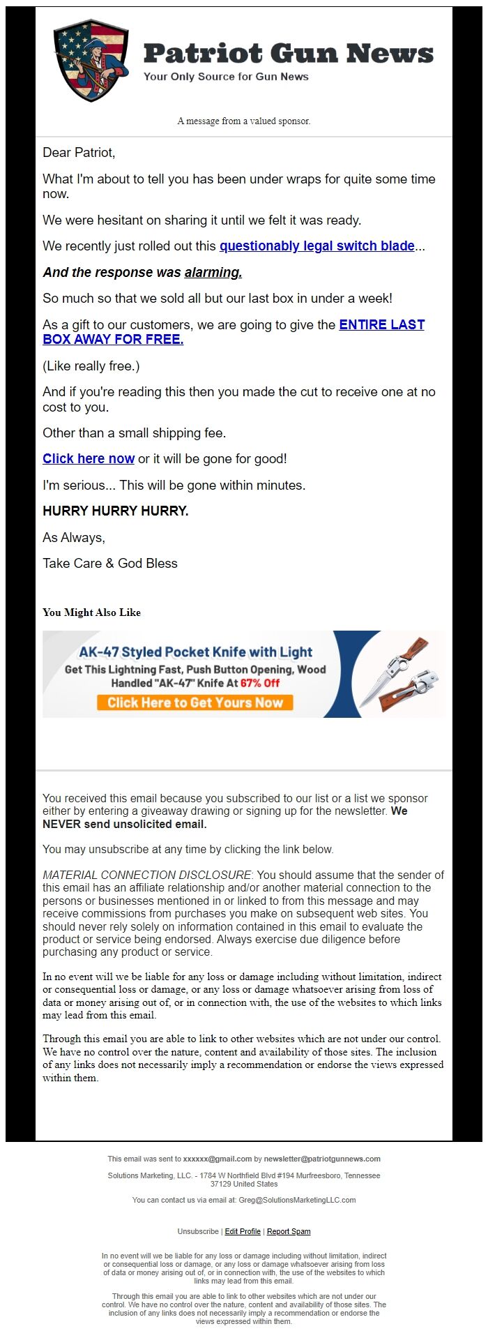 Screenshot of the email generated on import