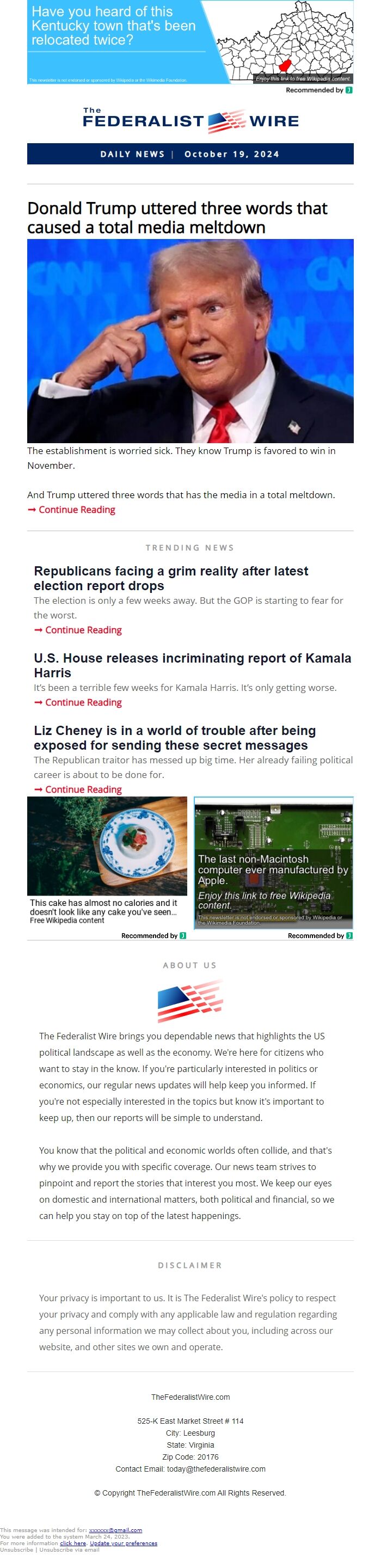 Screenshot of the email generated on import