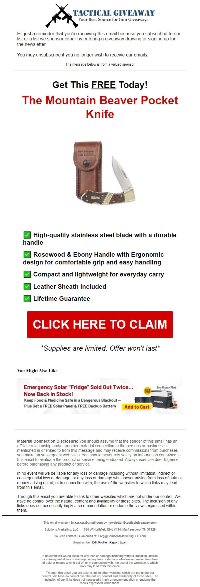 Screenshot of the email generated on import
