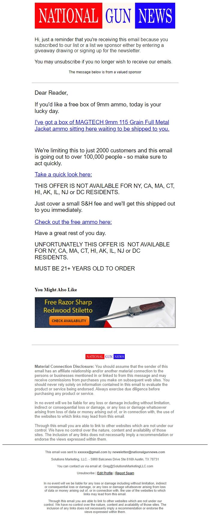 Screenshot of the email generated on import