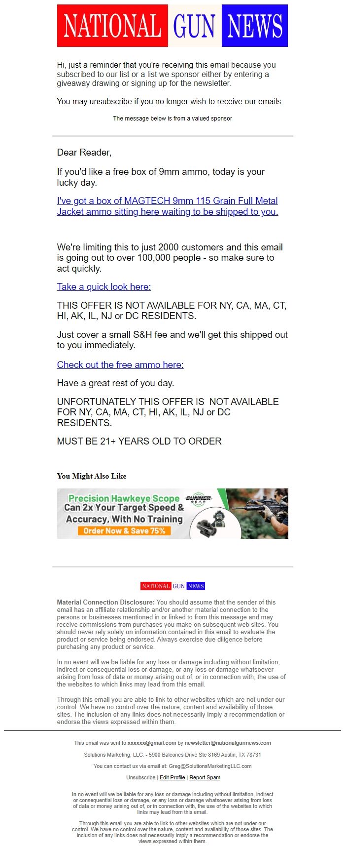 Screenshot of the email generated on import