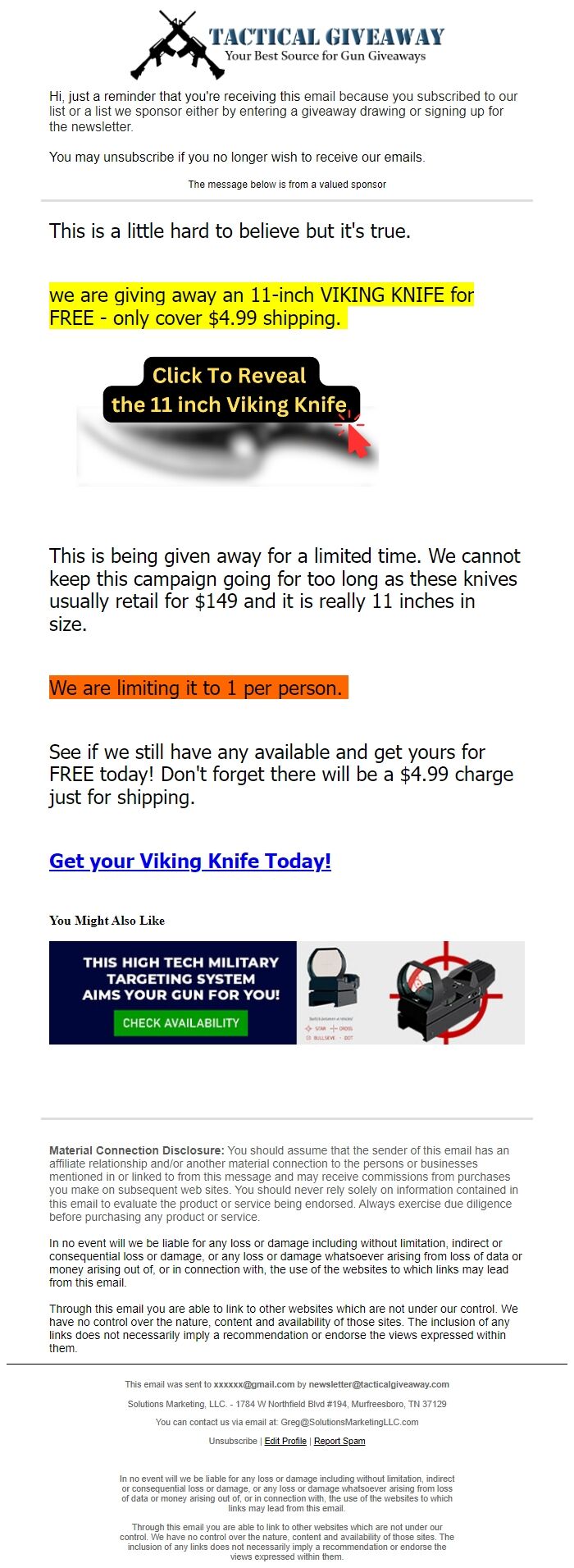 Screenshot of the email generated on import